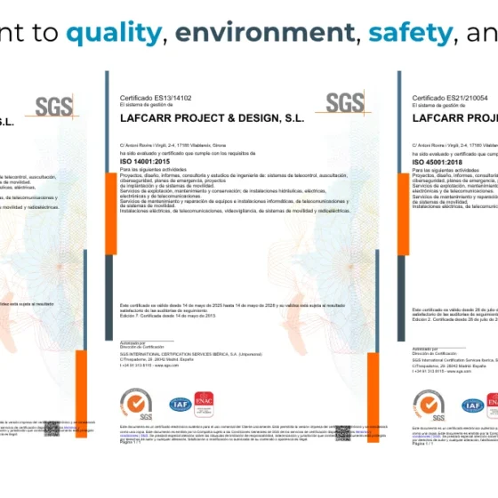 Official ISO 9001:2015, ISO 14001:2015 and ISO 45001:2018 certificates renewed by Lafcarr, valid through 2028 and 2026